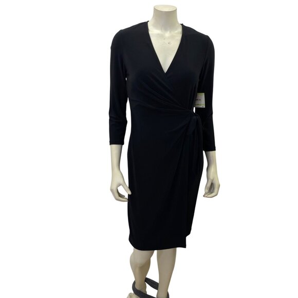 Anne‎ Klein Black Wrap-Style 3/4 Sleeve Dress with Tie Waist Size 4 NWT - Picture 3 of 9